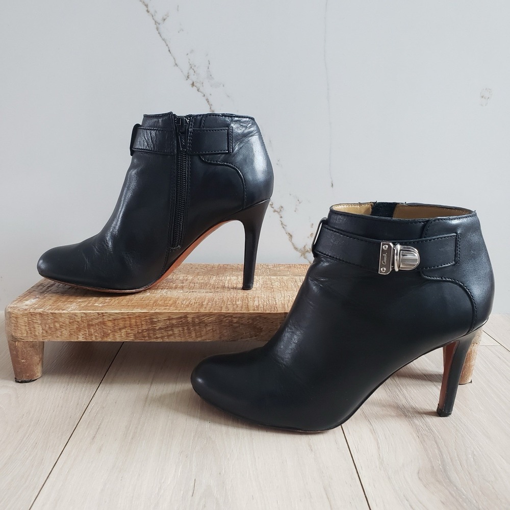 COACH Boots Womens 6.5 Black Sondra Leather High Heel Belted Booties